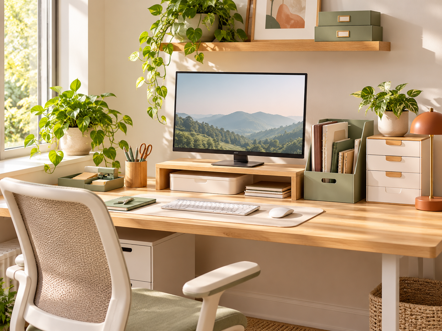 Organized home office desk with file storage