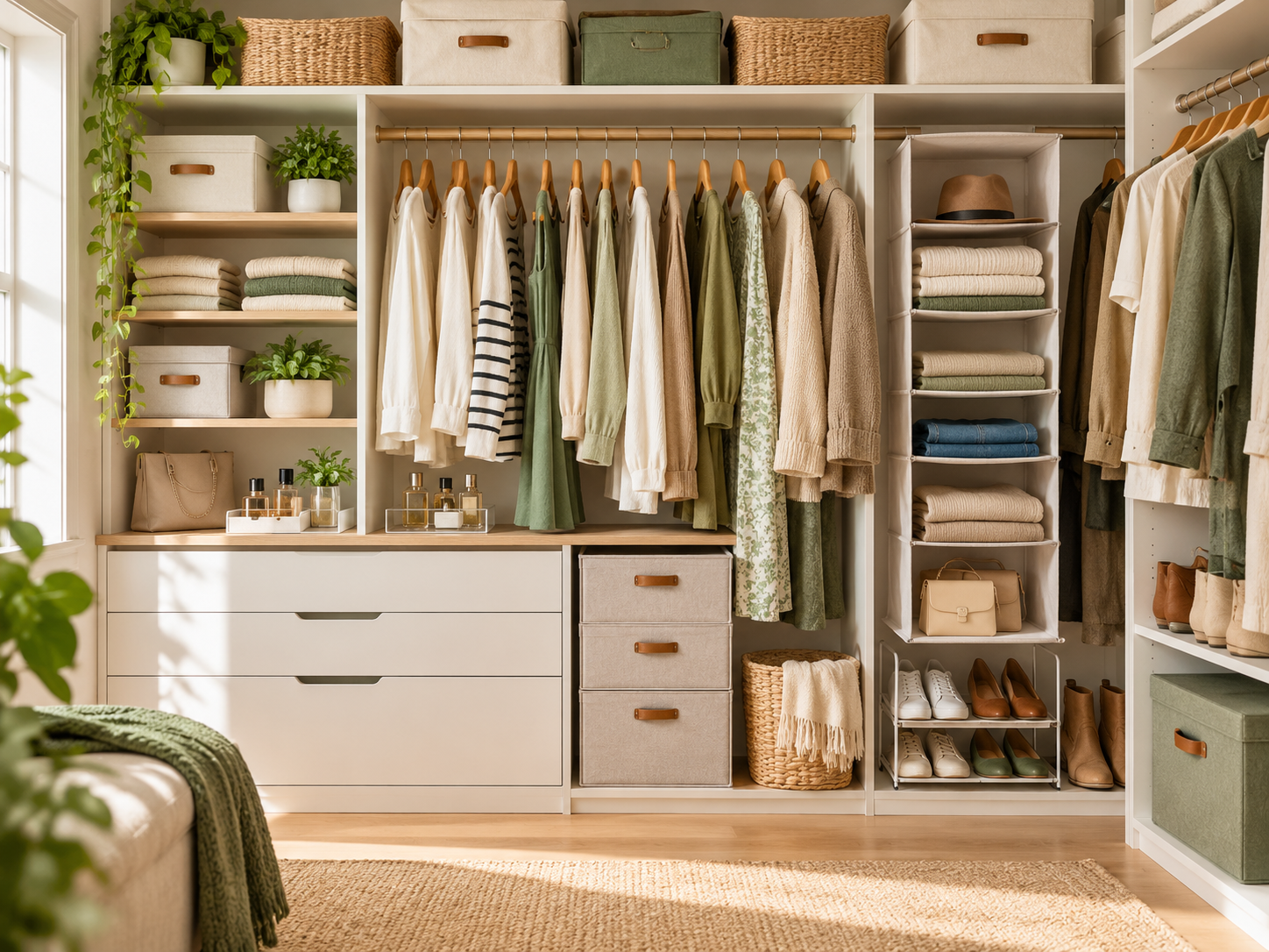 Organized wardrobe with clothing and shoes